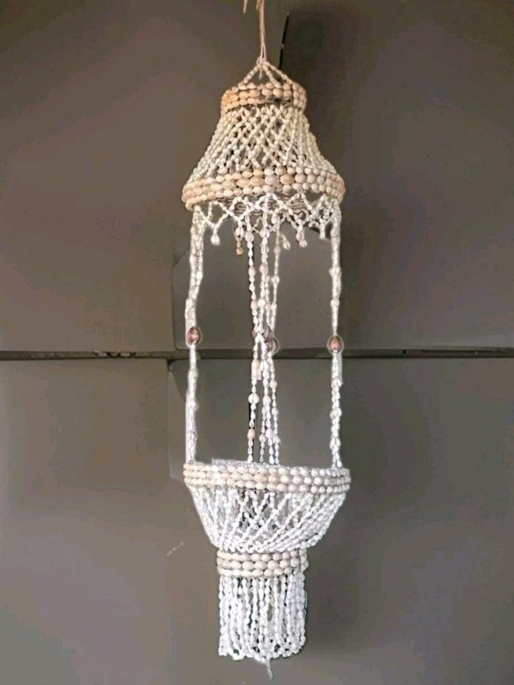 Vtg Cowrie Mini Conch Shell Hanging Chandelier Planter 40" Handmade Coastal Boho